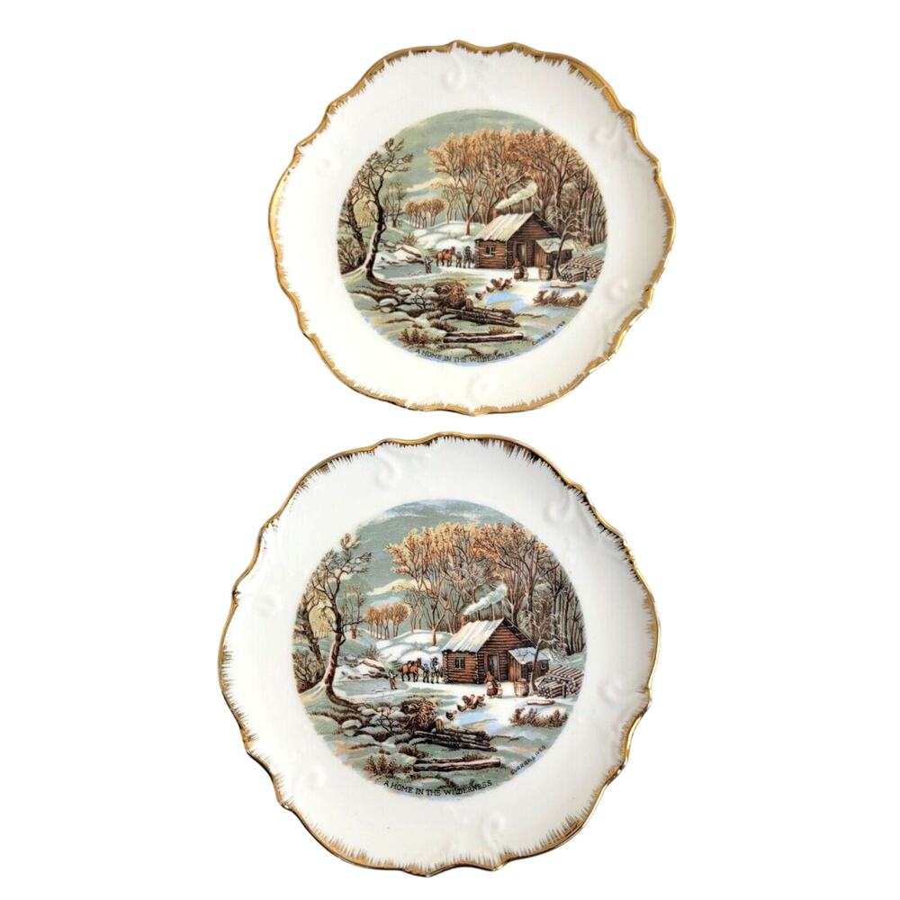 Lot of 2 Currier & Ives A Home in‎ the Wilderness Cabin Collectible Plates 8"